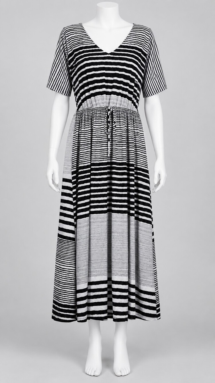 Black and White Striped 2X Midi Dress V Neck Short Sleeve Drawstring Waist